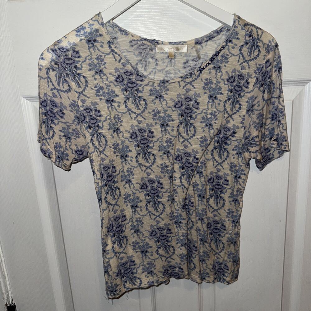 Love Shack Fancy Antique Floral Blue Tee Short Sleeve Blouse Size XS